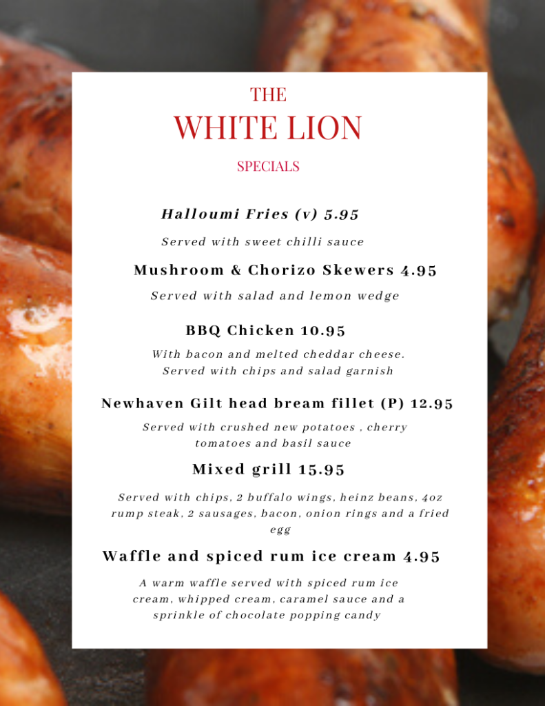 white lion hotel seaford, east sussex menu specials